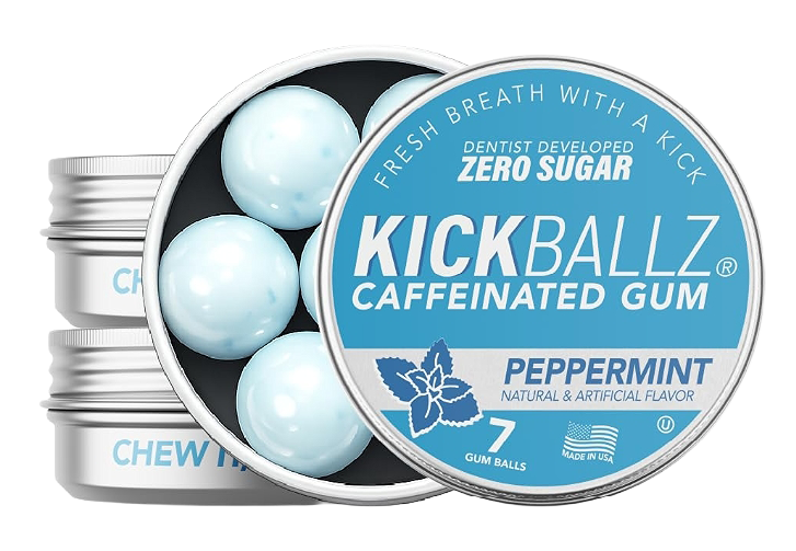 Kickballz caffeinated gum candy flavored chewing gum for energy and sweet snack lovers